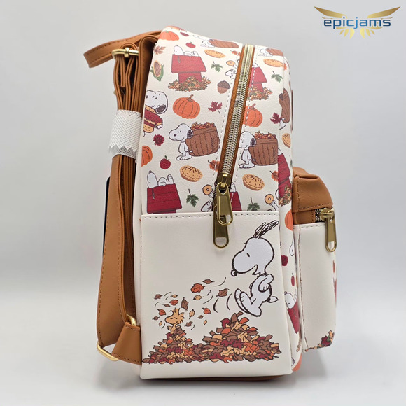 Loungefly Peanuts Snoopy Fall Cozy Autumn leaves Brown Mini Backpack Bag New - Picture 5 of 6